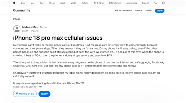 美版iPhone 18 Pro Max出现蜂窝网络异常,eSIM激活失败