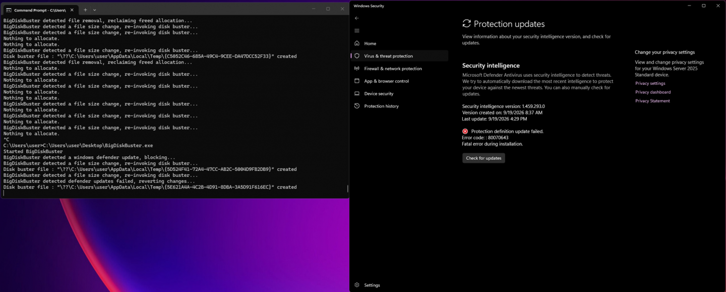 BigDiskBuster 零日漏洞曝光:可阻断 Microsoft Defender 更新