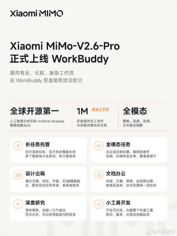 小米MiMo-V2.6-Pro上线WorkBuddy，支持1M超长上下文