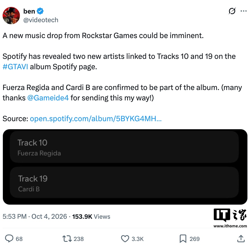 《GTA 6》原声带名单再曝两人,Spotify 提前走漏消息